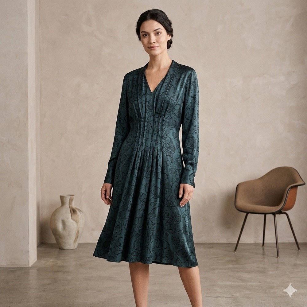 Marni‎ Silk Floral Mandala V-Neck Midi Dress 46 (10) Teal Black Made in Italy